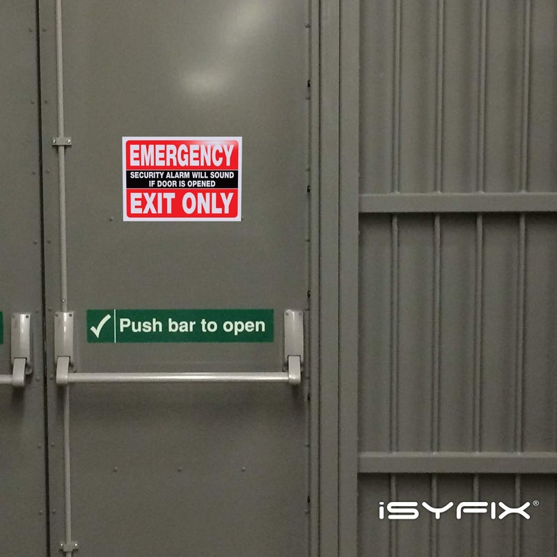 iSYFIX Emergency Exit Only Stickers â€“ 2 Pack 10x7 Inch â€“ Premium Self-Adhesive Vinyl, Laminated UV, Weather, Scratch, Water & Fade Resistance, Security Alarm Will Sound if Door is Opened Sign - Image 5
